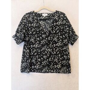 Bohme Women's Size XS Black Floral Daisy Print Blouse V Neck Short Sleeve